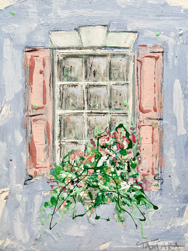 Pink Shutters on Blue Window (Framed) | 9" x 12"