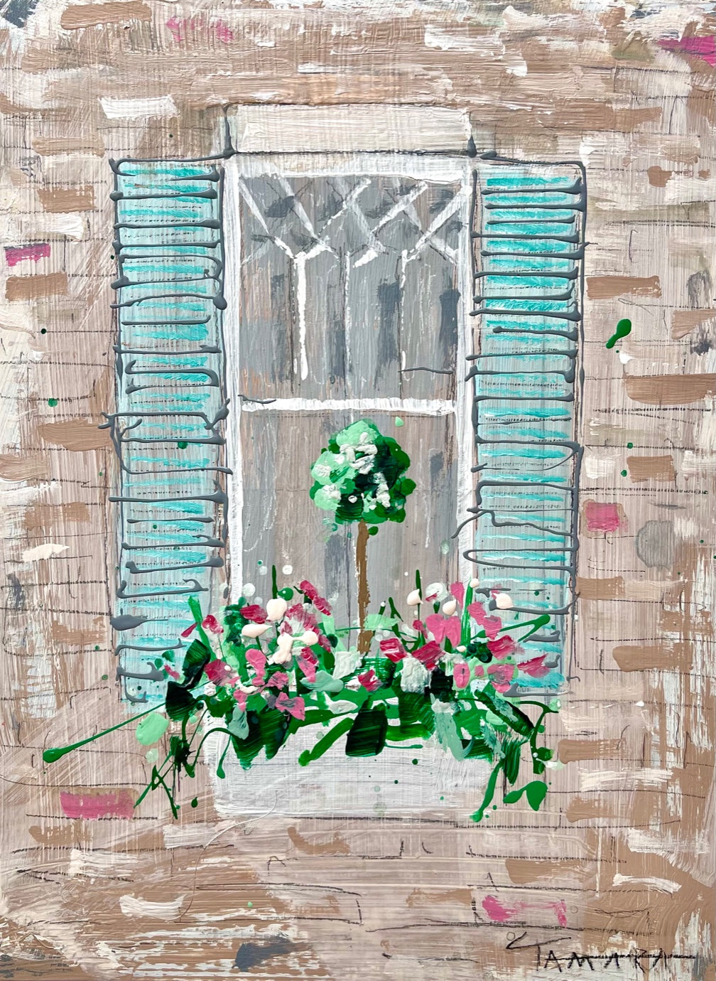 Teal Shutters on Brick Window (Framed) | 9" x 12"
